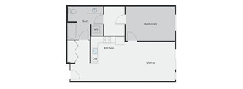 A floor plan of a living space showing a kitchen, bathroom, and bedroom.