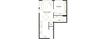 A floor plan of a small apartment with a living room, dining room, bedroom, bathroom, and a workspace.