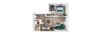 A top down view of a small apartment with a kitchen, living room, and bedroom.