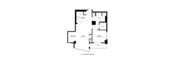 A black and white floor plan of a home with a kitchen, living room, den/office, bedroom, bathroom, and closet.