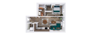 A top-down view of a modern living room with a green couch and a coffee table.