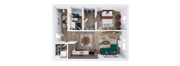 A top-down view of a modern apartment with a kitchen, living room, and bedroom.
