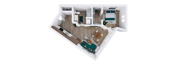 A top-down view of a modern apartment with a kitchen, living room, and bedroom.