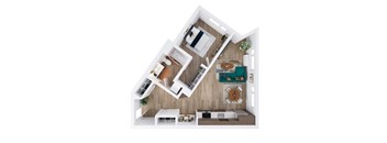 A top down view of a house interior with a living room, kitchen, and dining area.
