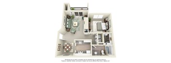 A 3D floor plan of a house with a living room, kitchen, dining room, and bathrooms.