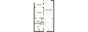 A black and white image of a floor plan for a small apartment.