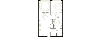 A floor plan of a small apartment with a bedroom, living/dining area, bathroom, and walk-in closet.
