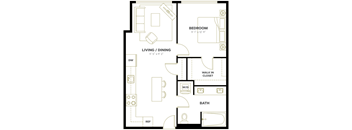 A floor plan of a small apartment with a bedroom, living/dining area, bathroom, and walk-in closet.