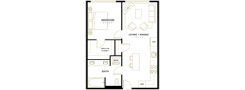 A floor plan of a small apartment with a bedroom, living/dining area, bathroom, and walk-in closet.