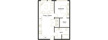A black and white image of a floor plan for a bedroom, living/dining area, and bathroom.