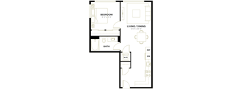 A floor plan of a small apartment with a bedroom, bathroom, living/dining area, and a workspace.