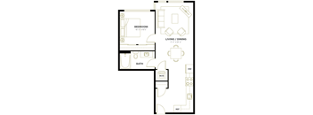A floor plan of a small apartment with a bedroom, bathroom, and living/dining area.