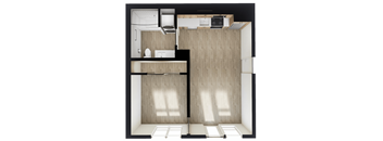 A black and white image of a house with a kitchen, living room, and bathroom.