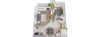 A 3D floor plan of a house with a living room, kitchen, and dining area.
