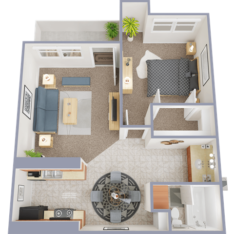 A 3D floor plan of a house with a living room, kitchen, and dining area.