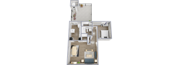 A top-down view of a two-bedroom apartment with a living room, kitchen, and bathroom.