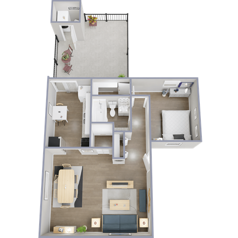 A top-down view of a two-bedroom apartment with a living room, kitchen, and bathroom.