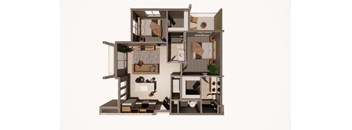 A 3D rendered image of a modern apartment layout.
