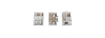 Three images of a house layout with two cars.