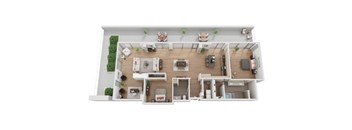 A top-down view of a house layout with a living room, kitchen, and two bedrooms.