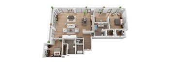 A 3D floor plan of a house with a kitchen, living room, dining room, and bedrooms.