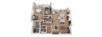 A top-down view of a modern apartment layout with a kitchen, living room, and bedrooms.