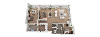 A top-down view of a two-story apartment layout with various rooms and furniture.