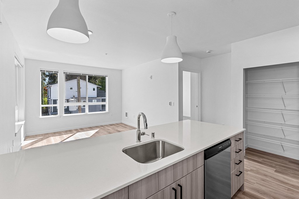 a kitchen with a sink and a window