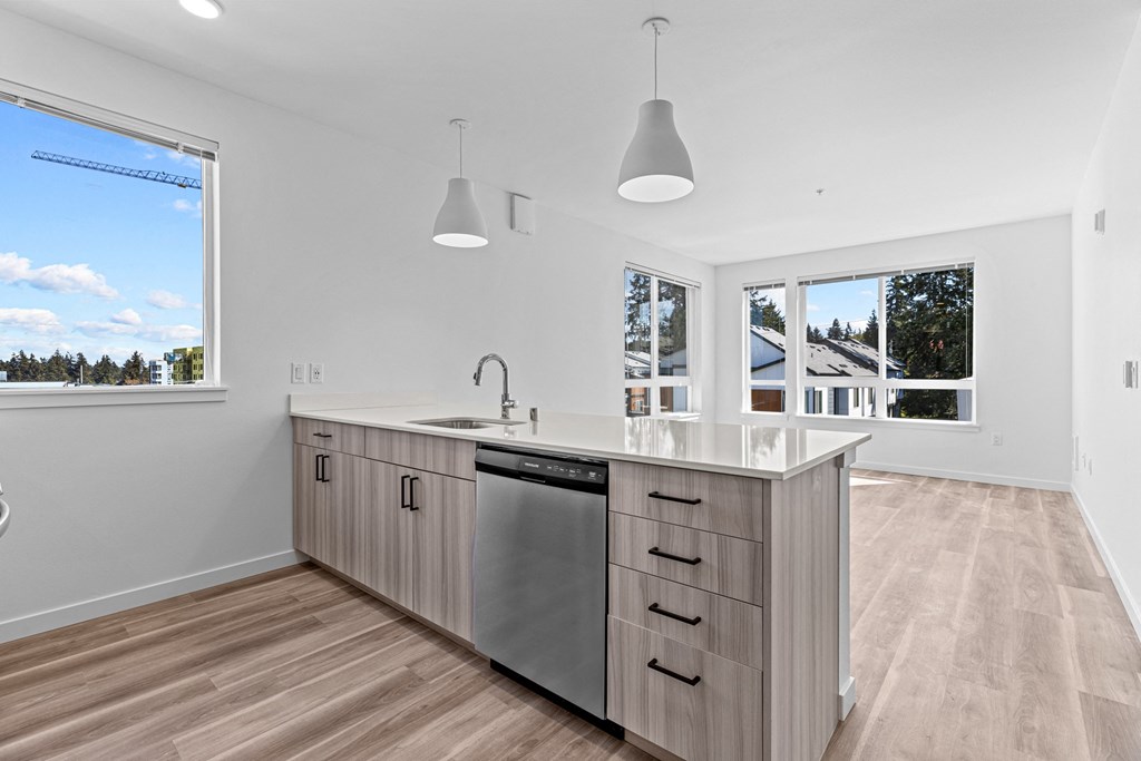 a modern kitchen with a large island and two windows