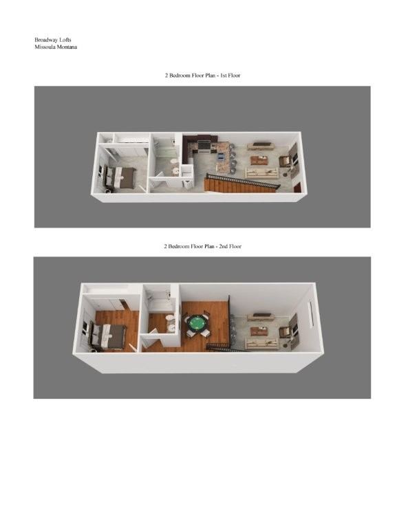 Two floor plan of a house with a kitchen, living room and bathroom.