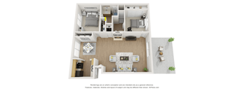 A 3D floor plan of a small apartment with a kitchen, living room, and bedroom.