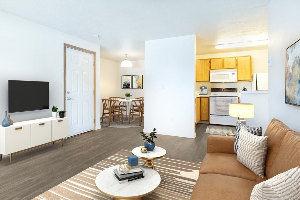 GoGo West Apartments 2 Bedroom Floor Plan Model Living Room and Kitchen