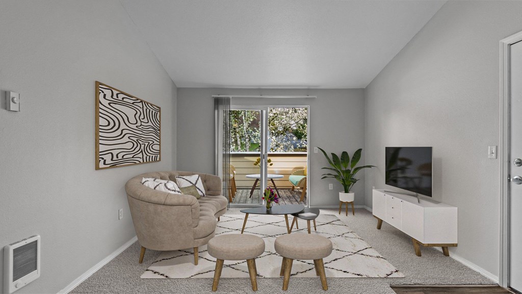 Maybeck at the Bend Apartments Living Room and Patio in Tigard, OR