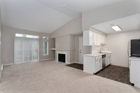 Novela Apartments Kitchen and Living Space with Fireplace