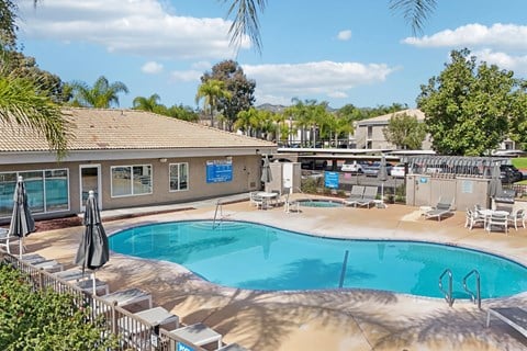Murrieta, CA, Apartments With In-Unit Washer and Dryer - Waterstone at Murrieta - Outdoor Swimming Pool With Curved Sundeck, Lounge Chairs, Umbrellas, Palm Trees, and Nearby Apartment Buildings