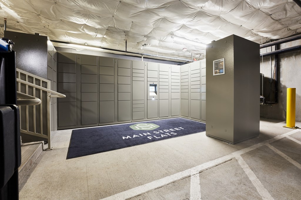 a locker room in a gym with a navy rug on the floor