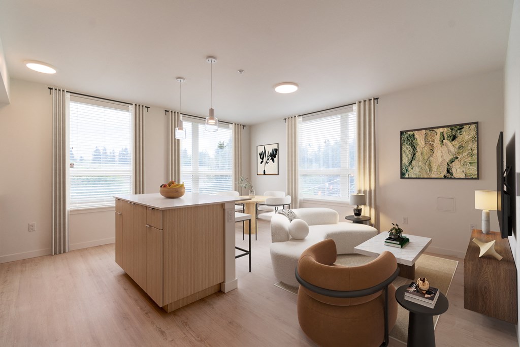 a living room with a kitchen and a dining room