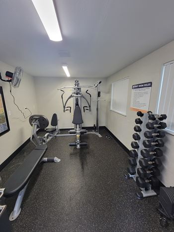 A gym with a row of dumbbells on the right.