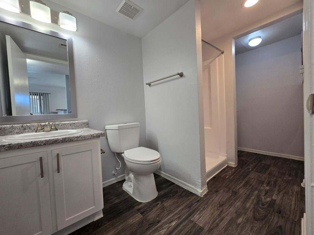 A bathroom with a toilet, sink, and wooden floors.