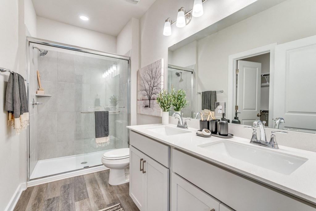 a bathroom with a shower and a sink and a mirror