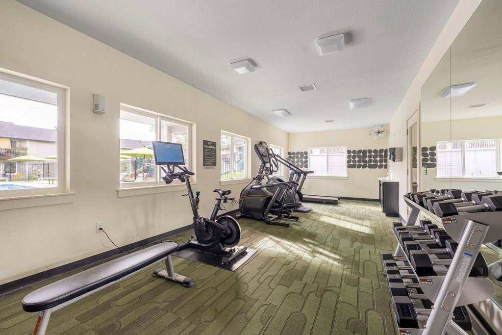 A gym with a variety of equipment including treadmills, exercise bikes, and weight machines.