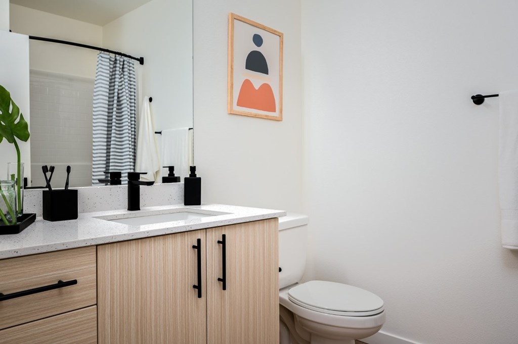 The Wes Gresham Oregon Apartments  A bathroom with a toilet, sink, and a painting on the wall.