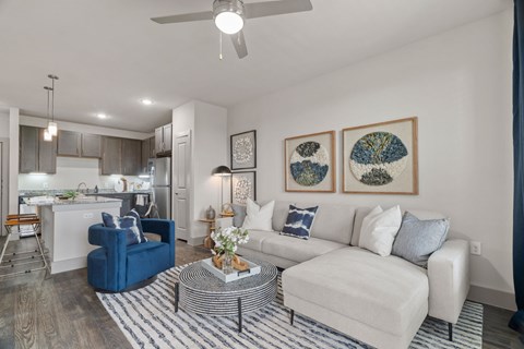 A living room with a blue chair and a white couch.