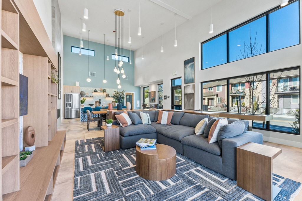 a living room with a gray couch and a blue rug