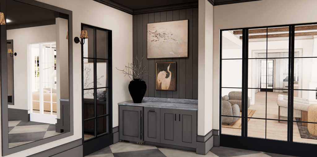 A grey cabinet with a vase on top is in the middle of a room.