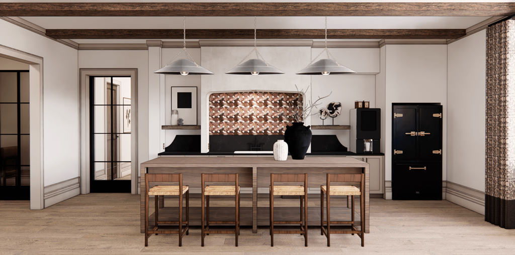 A kitchen with a large island and four chairs.