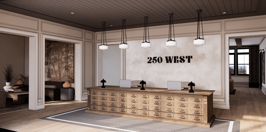 A reception area with a large desk and a sign that reads "250 WEST".