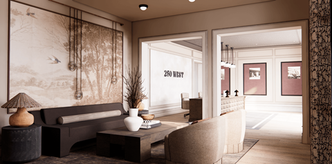 A living room with a sofa, a table, and a large painting on the wall.