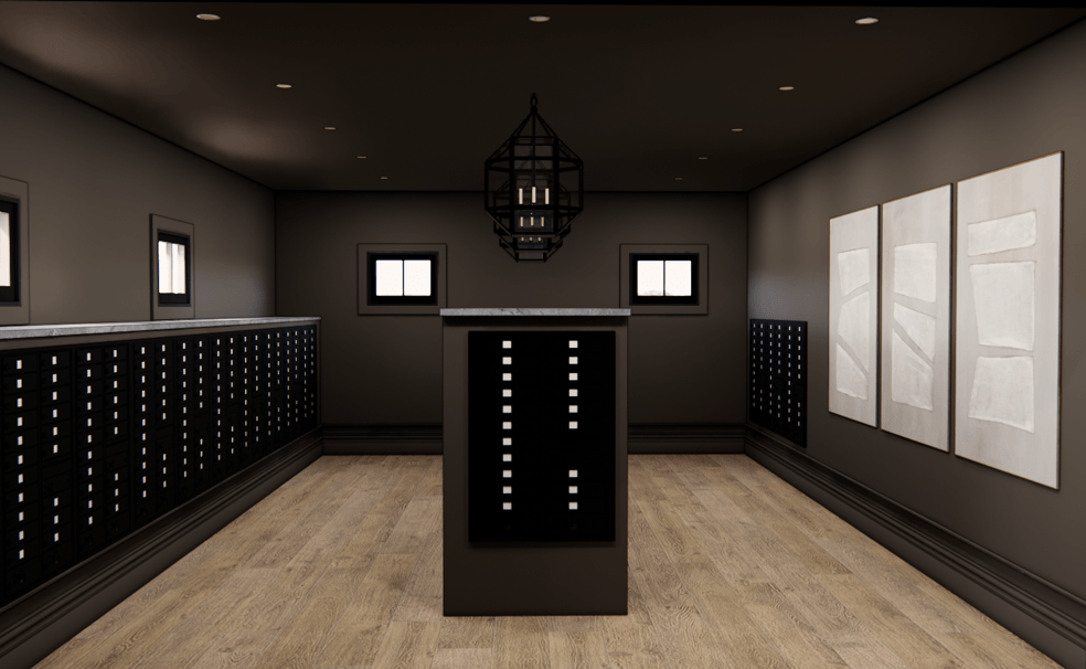 A room with a large black cabinet in the center and three windows on the wall.