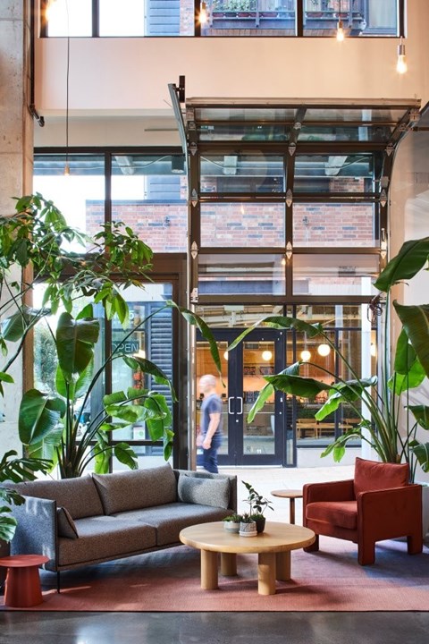 A living room with a couch, a chair, a table, and a potted plant.